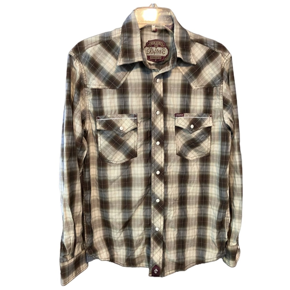 RAFTER C By Red Dirt BROWN PLAID WESTERN SHIRT Pearl Snaps COWBOY RANCHER sz M